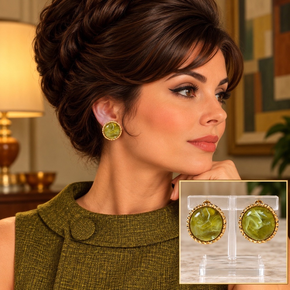 Vintage MCM Green Marbled Screw On Earrings Womens Gold Tone Statement Jewelry